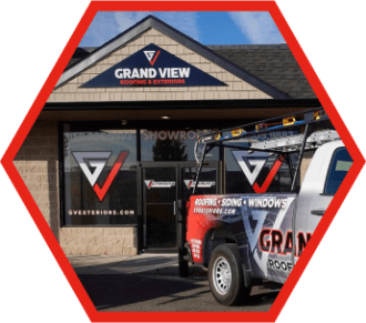 Grand View Construction truck parked outside company building with logo signage