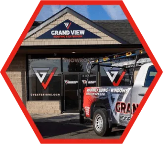Grand View Construction truck parked outside company building with logo signage