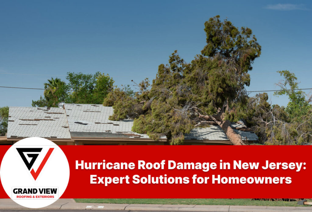 Hurricane damage to roof in New Jersey with fallen tree on shingles.