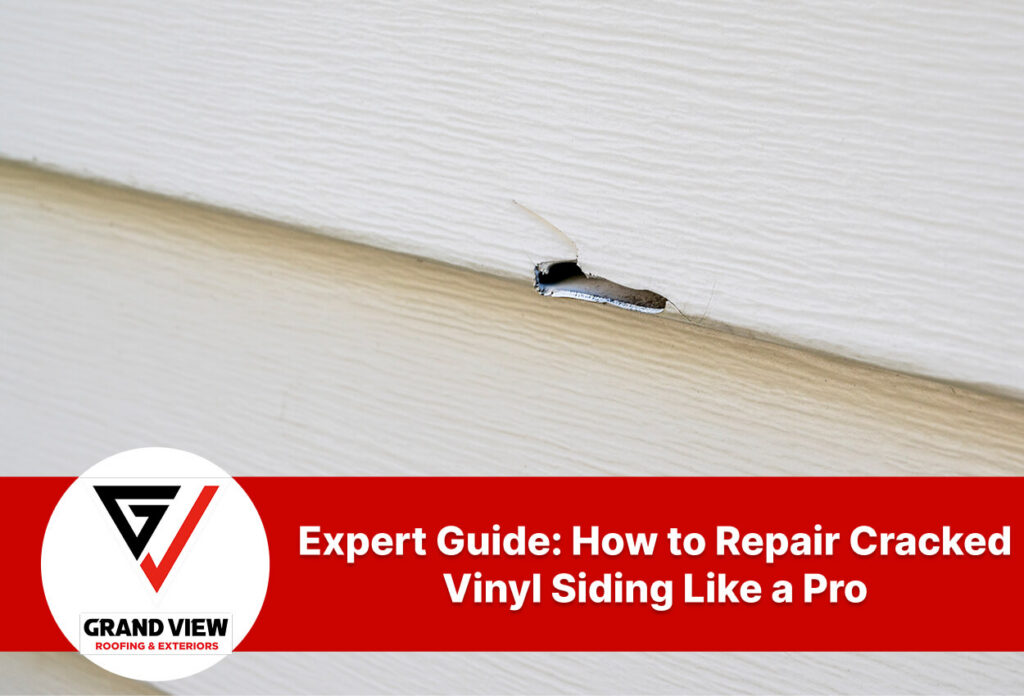 Close-up of a cracked vinyl siding with repair guide text overlay.