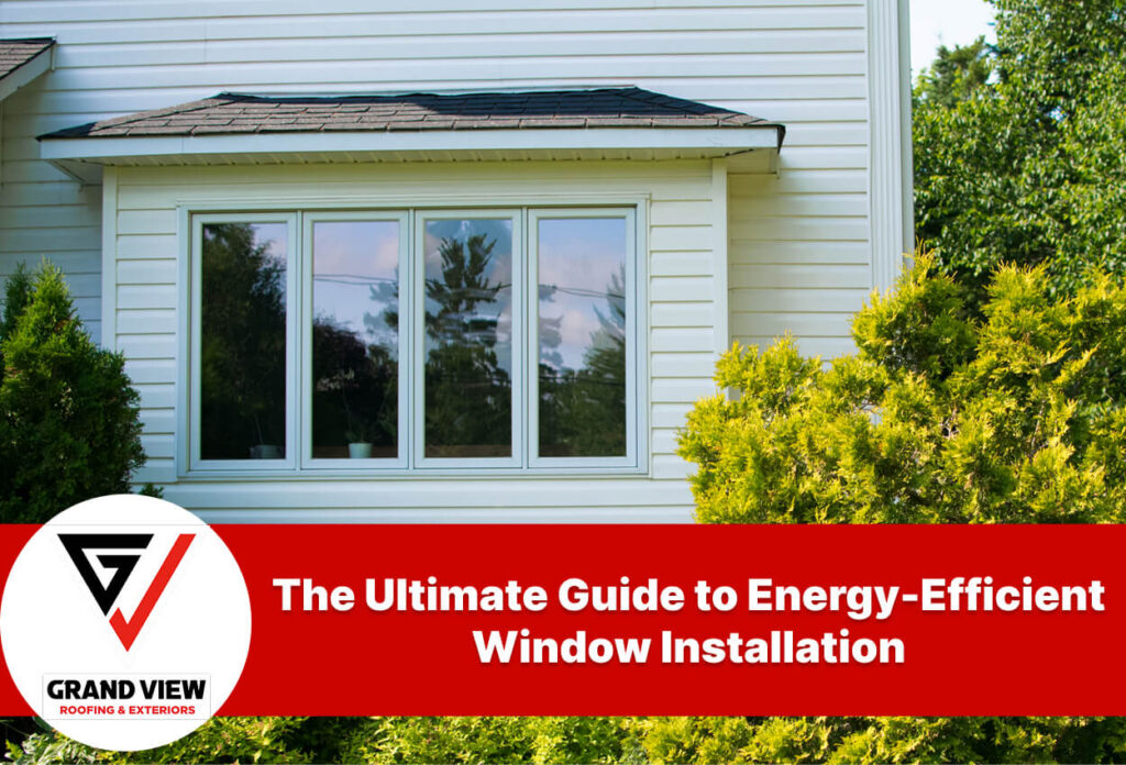 Energy-efficient window installation on a white house with green shrubs