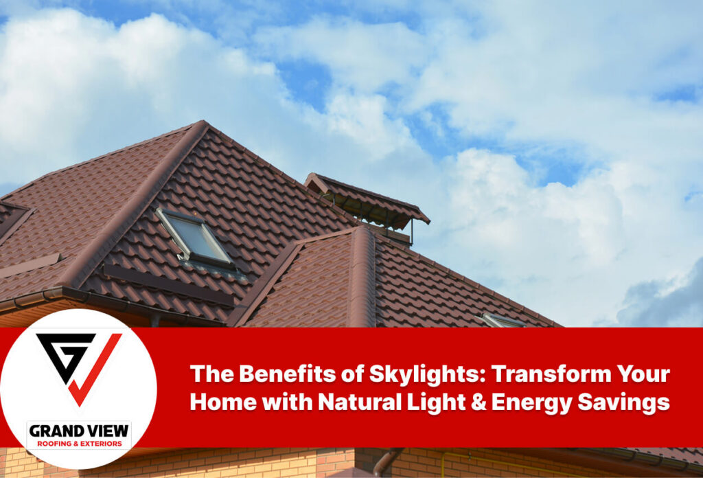 Home roof with skylight under a blue sky, highlighting energy savings.