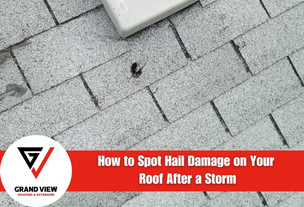 Hail damaged roof shingles with visible dark spots and missing granules after storm