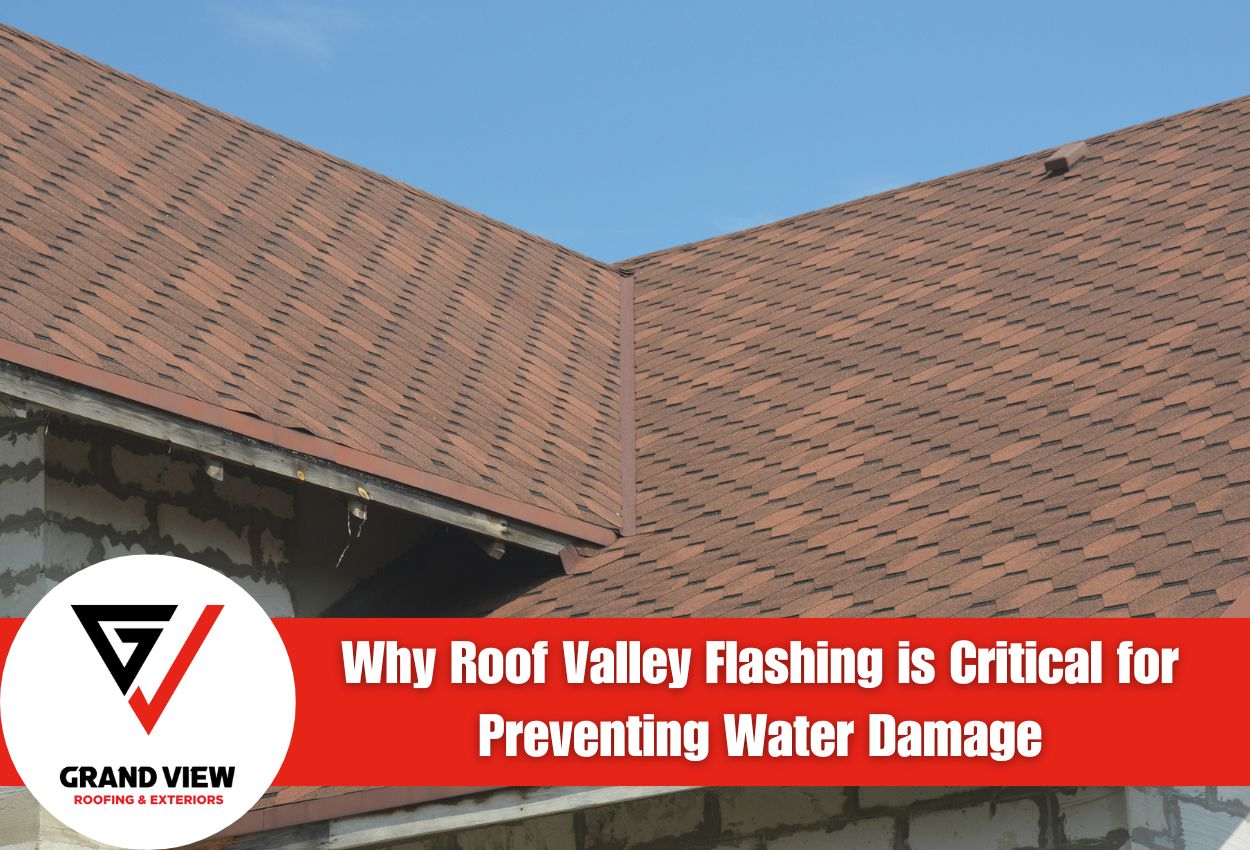 Roof valley flashing on brown asphalt shingle roof preventing water damage