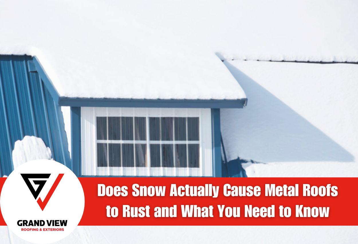 Snow-covered metal roof on blue house with white window - metal roofing winter