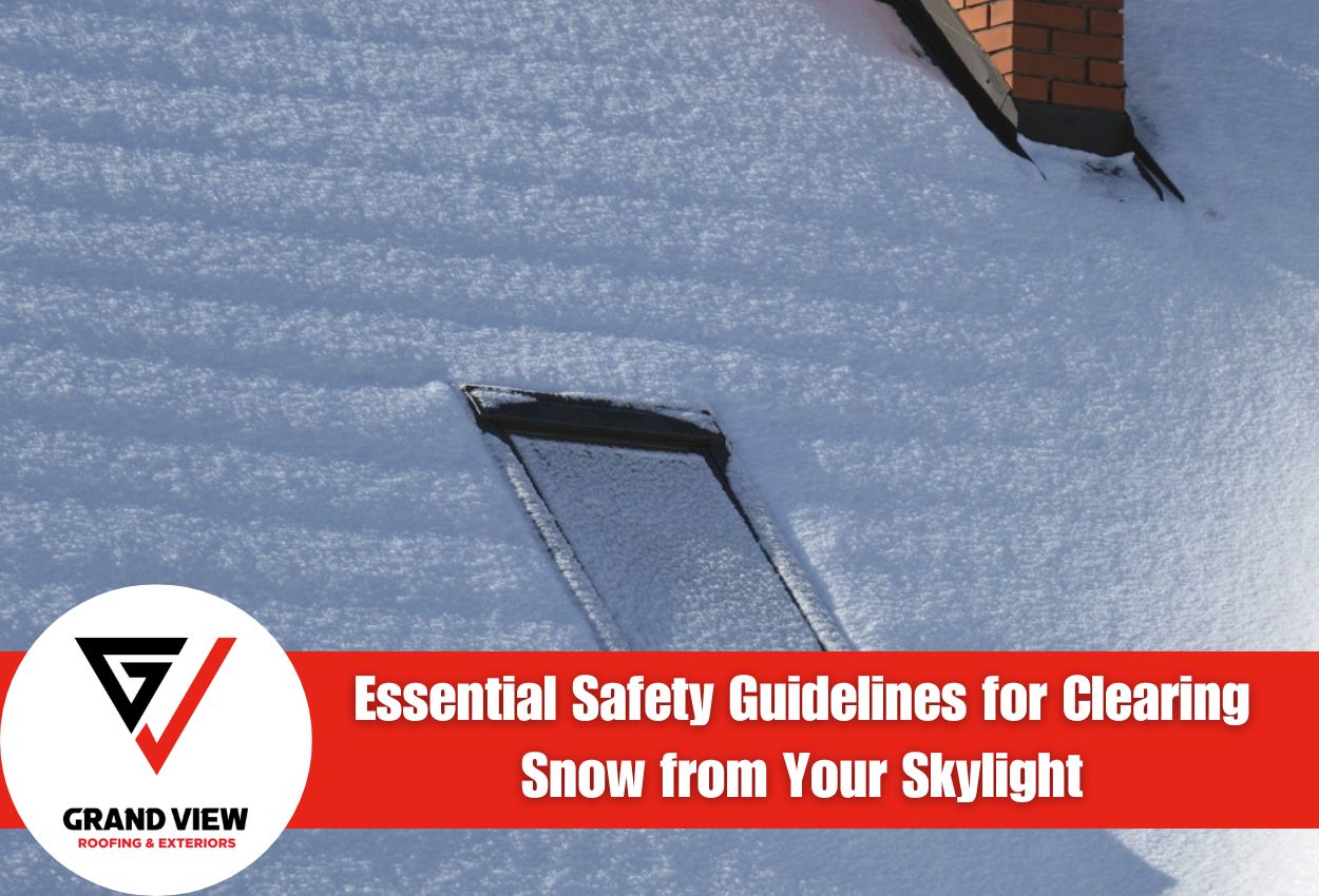 Snow-covered skylight on roof with safety guidelines text overlay