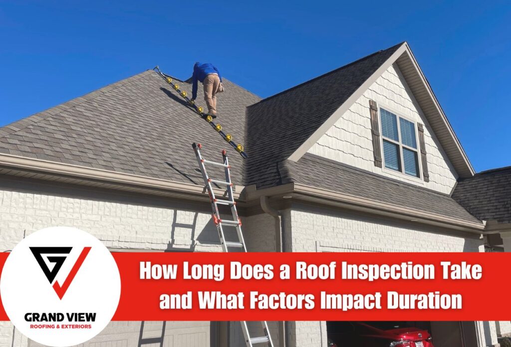 Professional roofer inspecting residential roof with ladder against clear blue sky