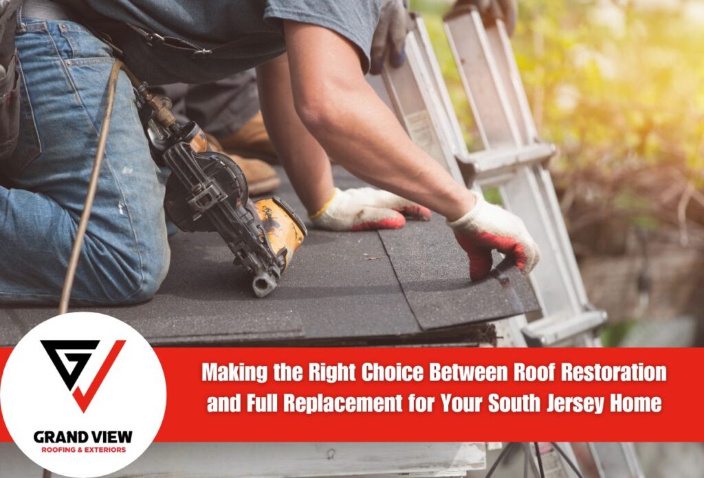 Roofer using nail gun to install asphalt shingles on residential roof repair