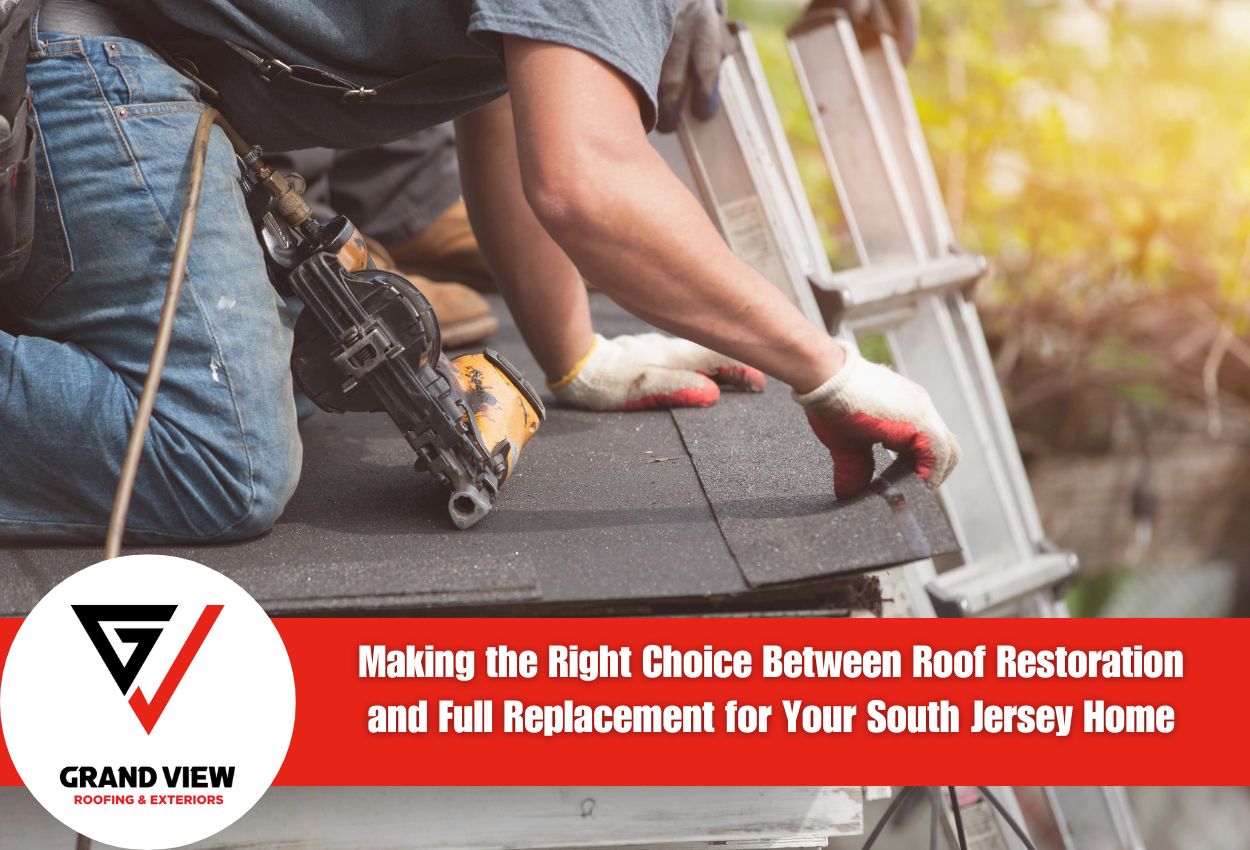 Roofer using nail gun to install asphalt shingles on residential roof repair