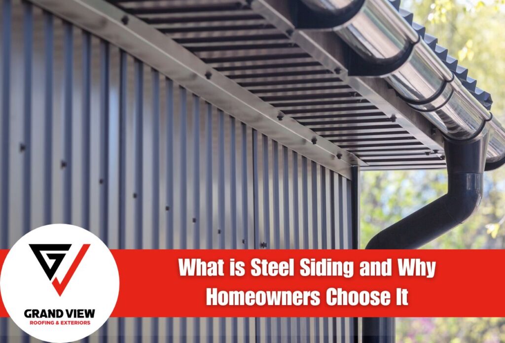 Steel siding exterior wall with gutters and roofing system on residential home