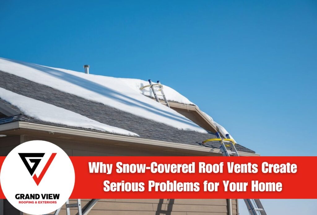 Snow-covered residential roof with blocked vents under clear blue sky