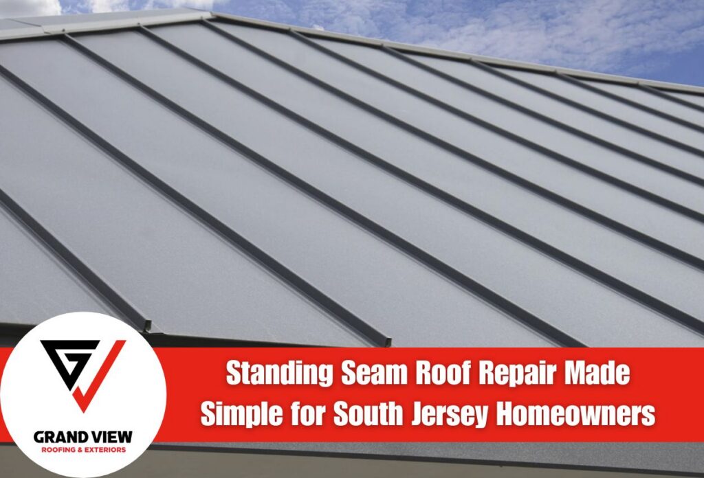 Metal standing seam roof under a blue sky by Grand View Roofing