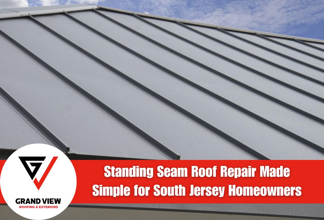 Metal standing seam roof under a blue sky by Grand View Roofing