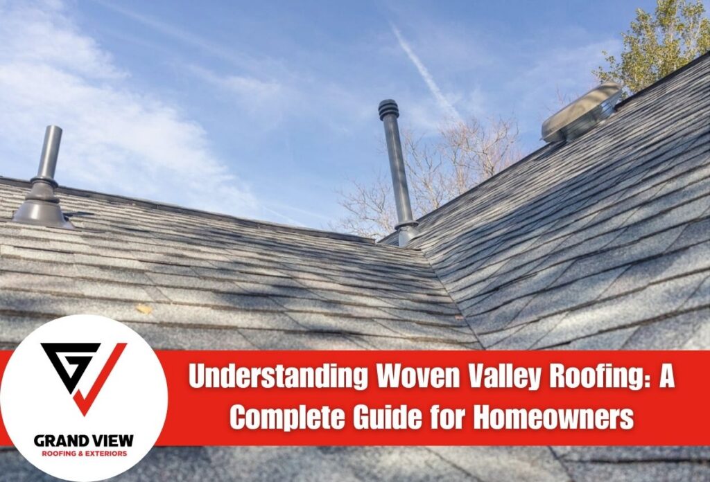 Woven valley roofing example with clear sky background.
