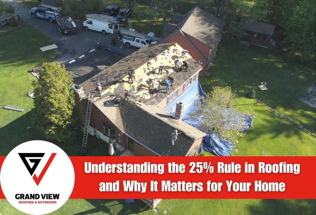 Aerial view of roof repair with workers on a house under construction