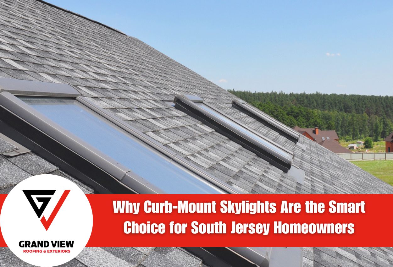 Curb-mount skylights installed on a shingled roof under a clear blue sky.