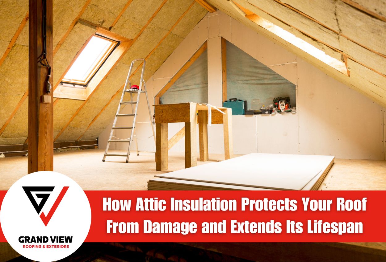 Attic with insulation and window, ladder, and workbench.