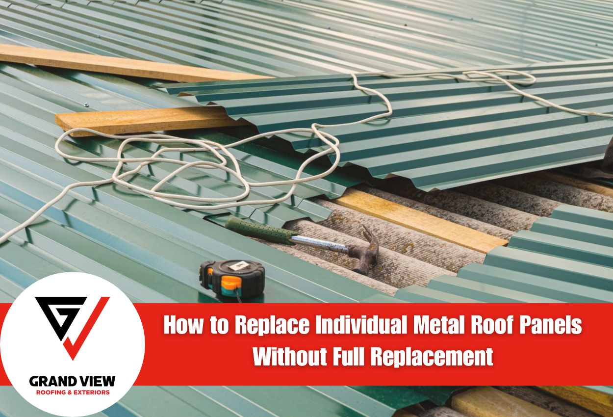 Metal roof panel replacement process with tools and wooden supports