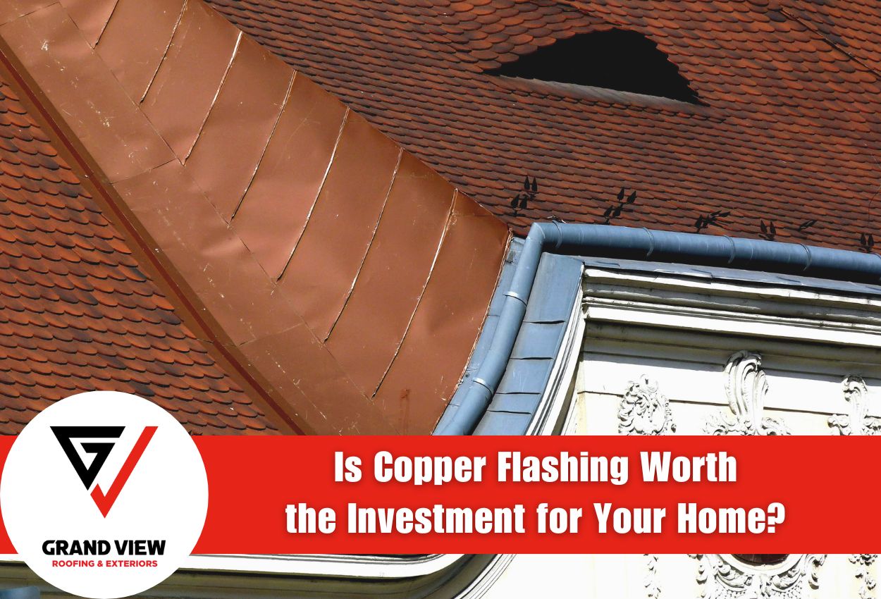 Copper roof flashing on a home with detailed architectural elements.