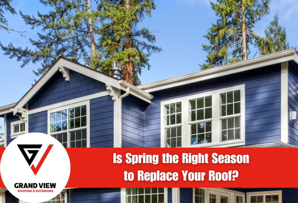 Blue house exterior with trees showcasing roofing replacement topic.