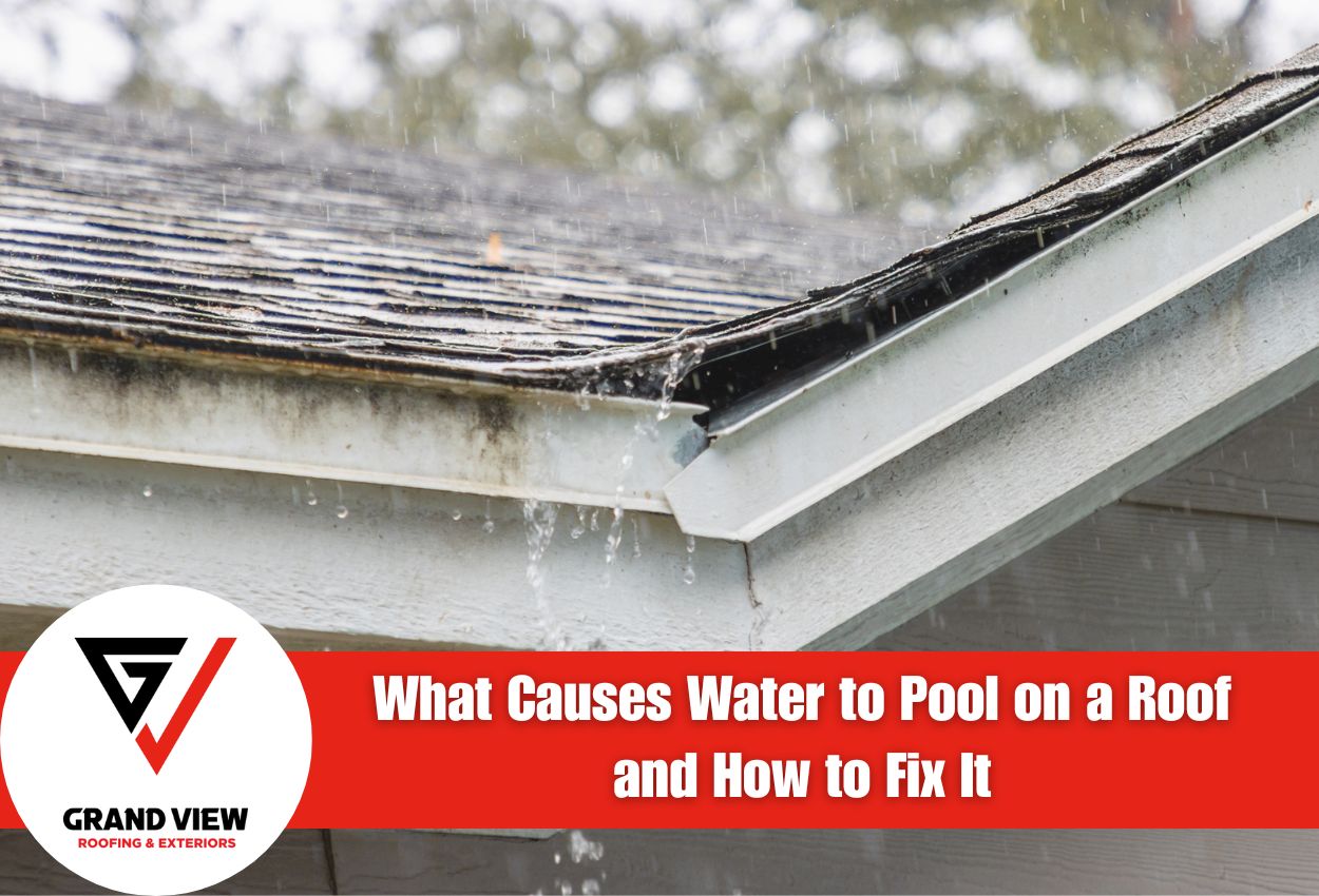 Rainwater pooling on a sloped roof indicating drainage issues.