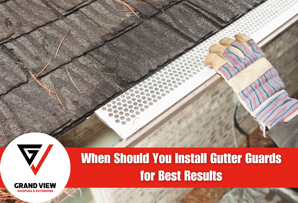 Installing gutter guards for efficient roof maintenance.