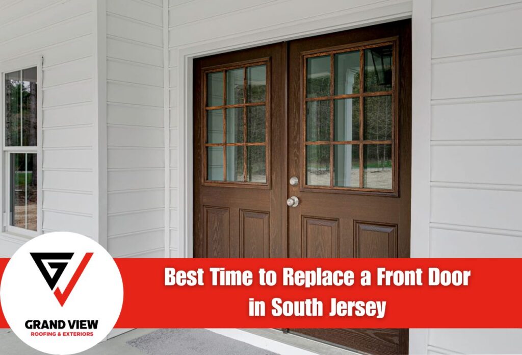 Stylish brown front door with glass panels on a white house exterior
