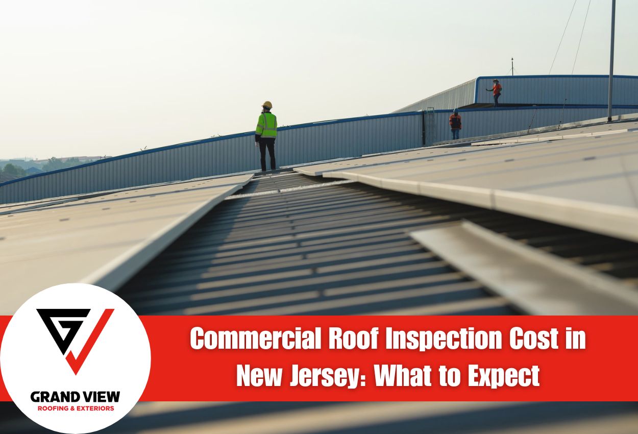 Workers inspecting a commercial roof in New Jersey during a sunny day