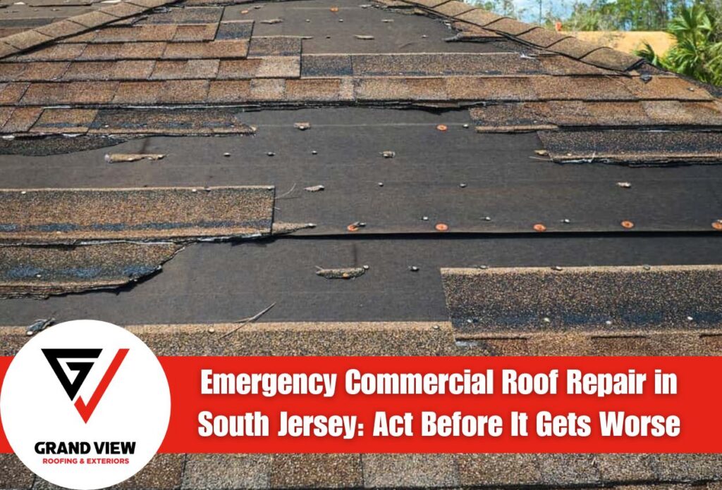 Damaged commercial roof requiring urgent repair in South Jersey.