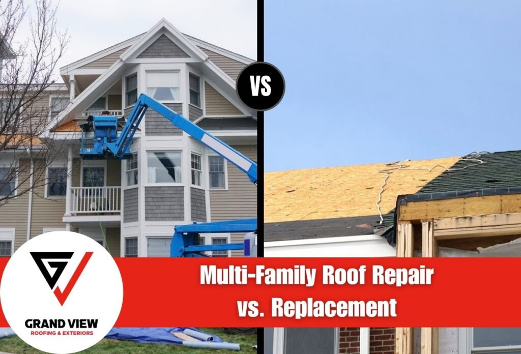 Comparison of multi-family roof repair vs replacement with building images.