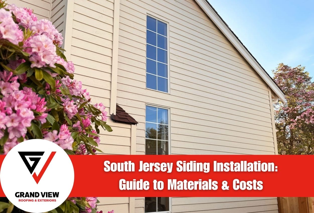 Wood siding on a home next to blooming pink flowers against a clear blue sky.