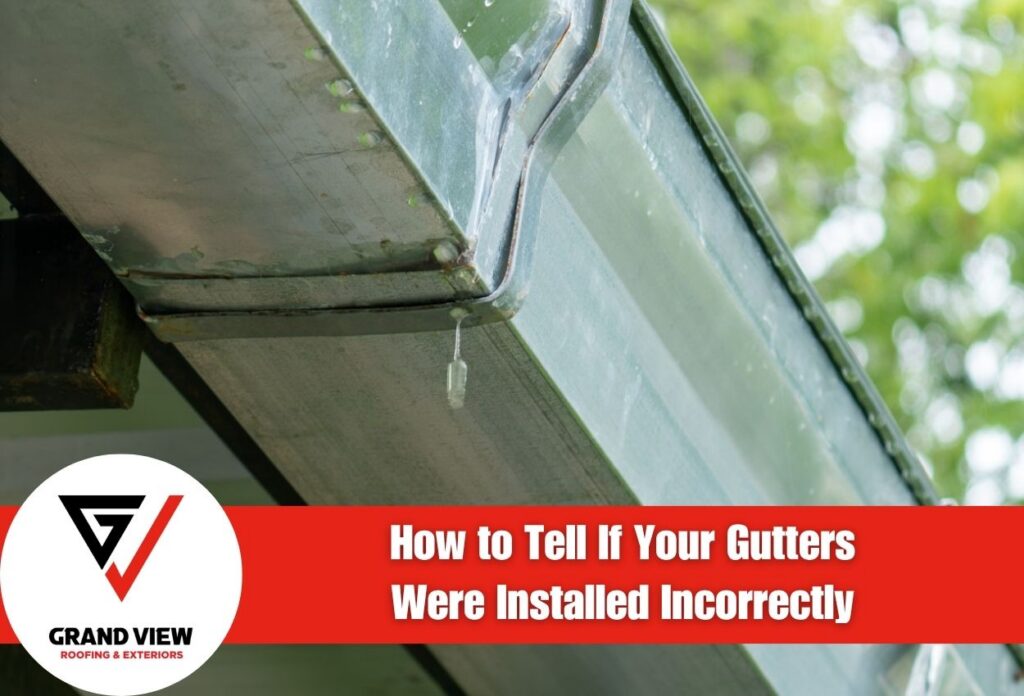 Close-up of poorly installed gutter corner with visible leak droplets.